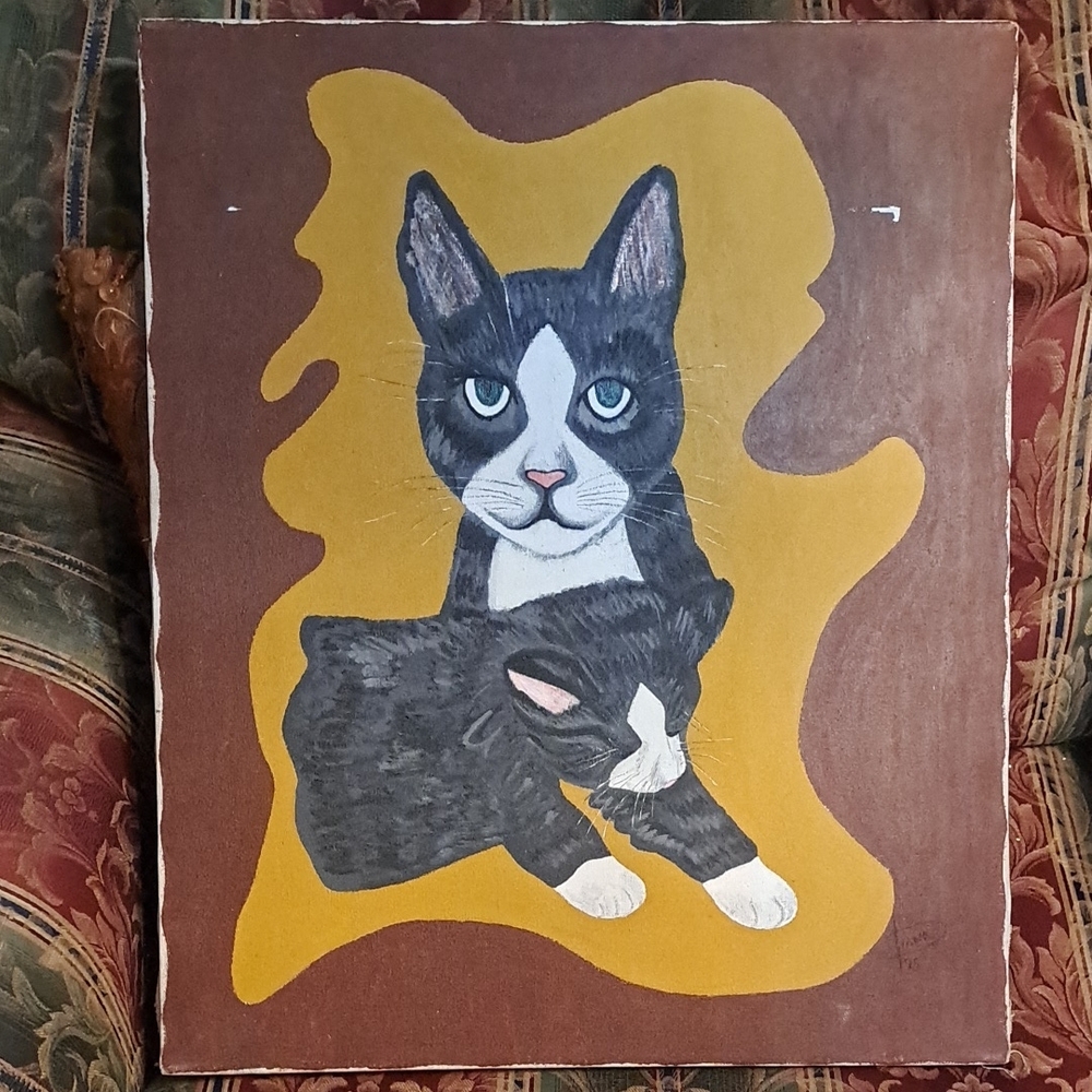 Artistic Black and White Cat Wall Art Hand Painted 20x24